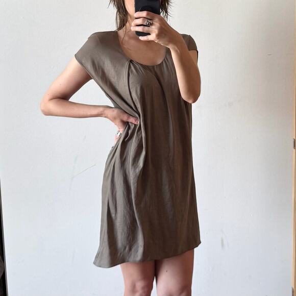 HELMUT LANG Minimalist Taupe Asymmetric Sleeveless Mini Shift Dress - Picture 2 of 13
